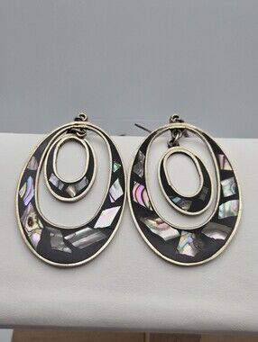 Vintage Alpaca Mexico Abalone Shell Dangle Earrings Black Inlay 2.5"